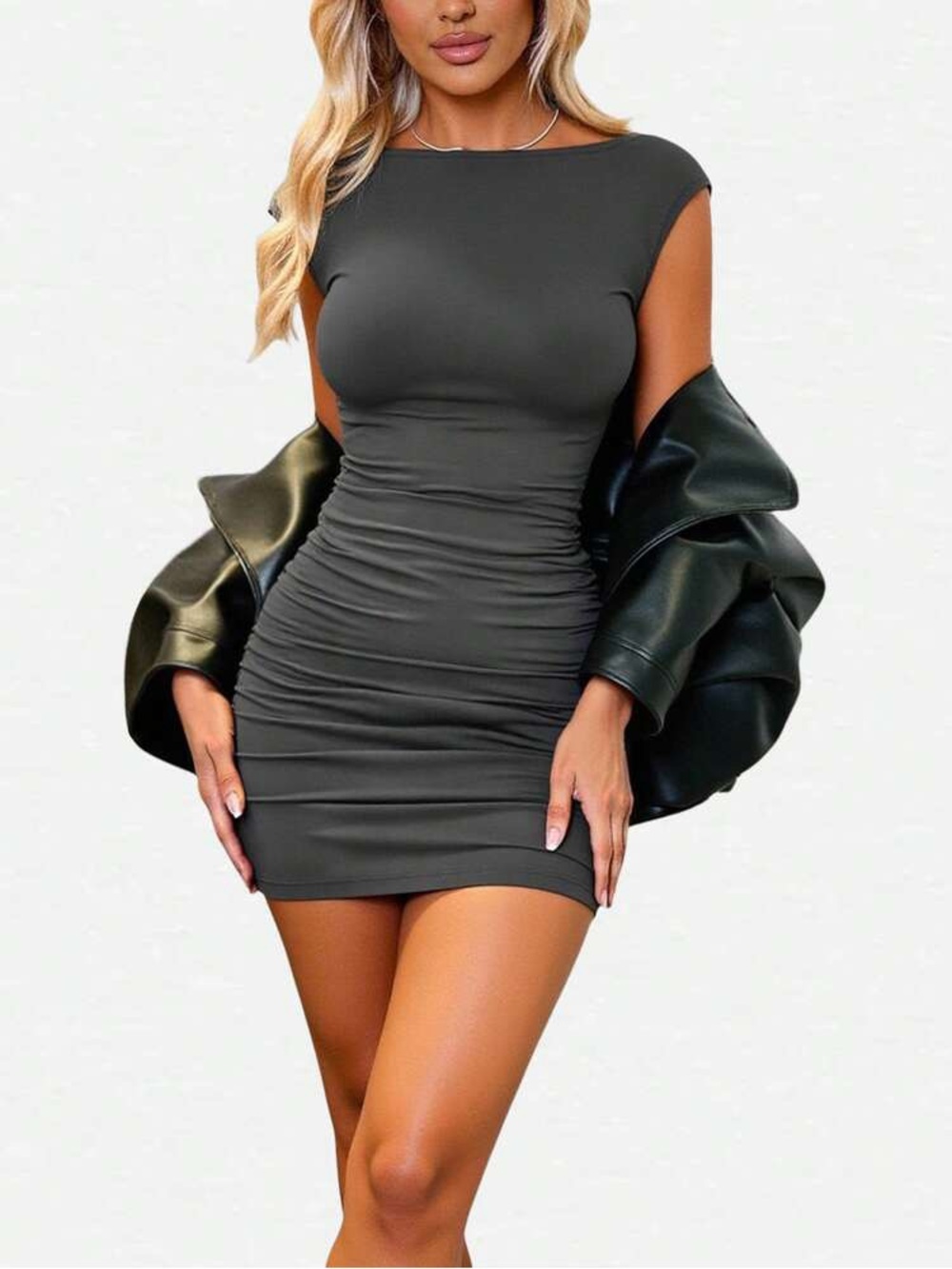 SHEIN Black Ruched Cap-Sleeve Bodycon Mini Dress